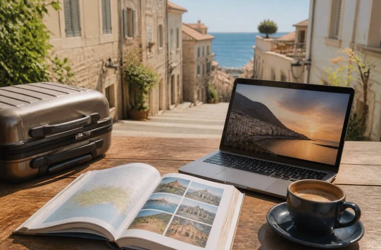 Vakantie vergelijken met een kaart en reisnotities op een bureau