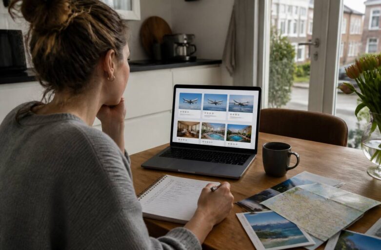 Praktische checklist met notebook en laptop om vakanties en reisopties te vergelijken