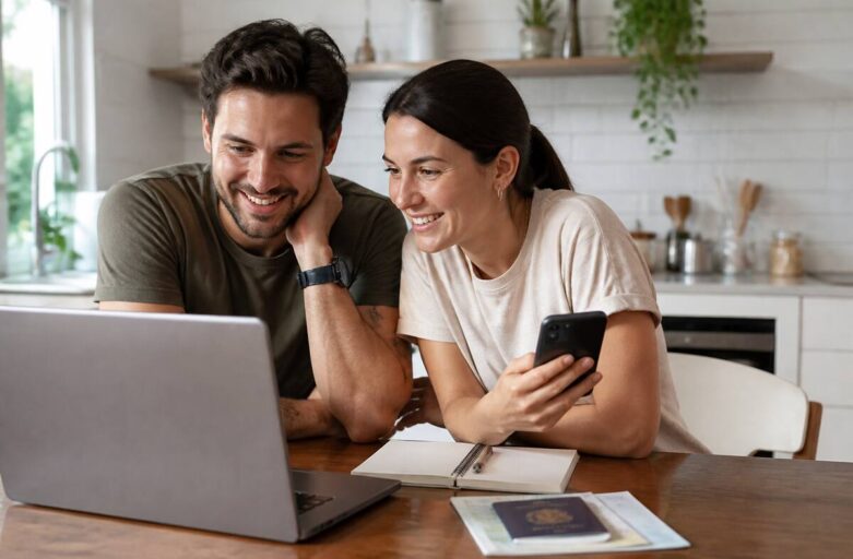 Een stel dat thuis vakanties vergelijkt op een laptop en telefoon met notities en paspoorten op tafel