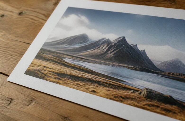 Scherpe afdruk van een foto op mat papier op een houten bureau