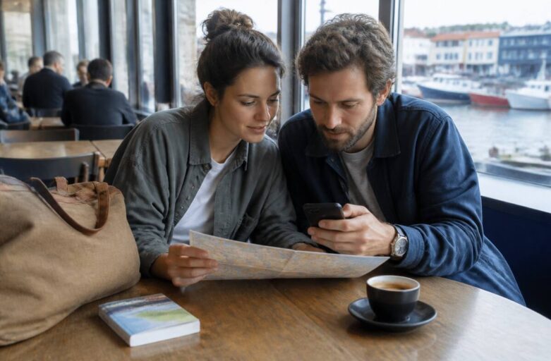 Reizen en vakanties vergelijken met een reisgids en smartphone aan een tafel bij een raam