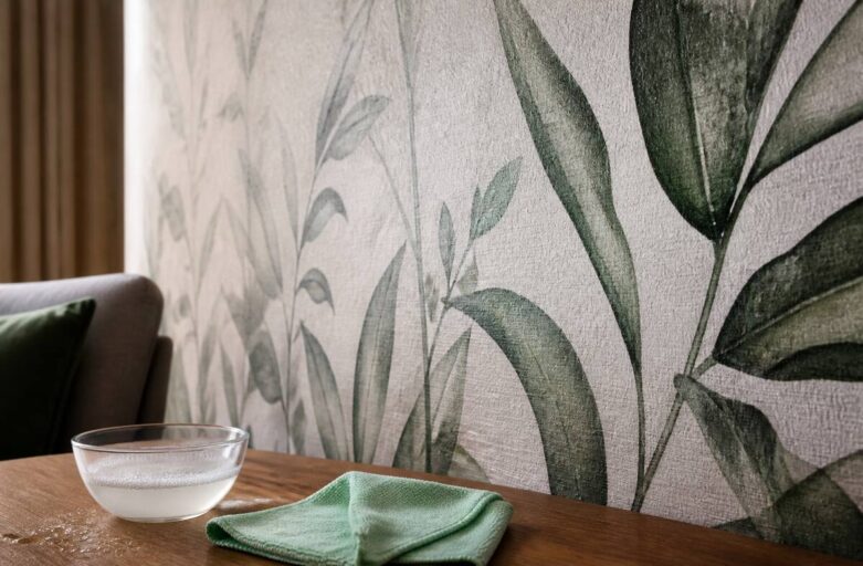 Zacht schoonmaken van fotobehang met een microvezeldoek en mild sopje