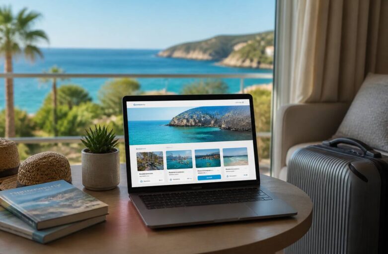 Vakanties vergelijken op een laptop met reisgidsen en koffers